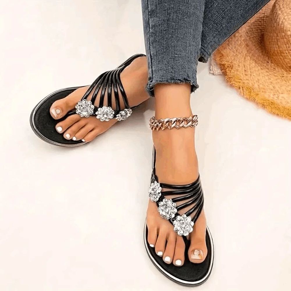 Flower Rhinestone Slip On Flip-Flops - Black - Picture 5 of 6